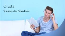  Presentation with blue music - Audience pleasing presentation theme consisting of guy sitting on sofa and listening to music on blue background backdrop and a white colored foreground