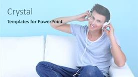  Presentation with blue music - Beautiful PPT layouts featuring guy sitting on sofa and listening to music on blue background backdrop and a cool aqua colored foreground