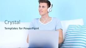  Presentation with blue music - Slide deck with guy sitting on sofa and listening to music on blue background background and a cool aqua colored foreground