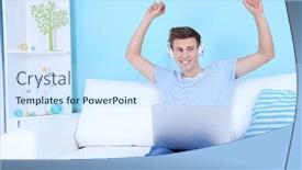  Presentation with blue music - Slide deck having guy sitting on sofa and listening to music on blue background background and a sky blue colored foreground