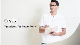  Presentation with note book - Audience pleasing slide set consisting of guy taking note on book backdrop and a light gray colored foreground