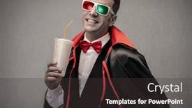  Presentation with glasses - Audience pleasing presentation design consisting of guy with dracula cloak and 3d glasses drinking a drink backdrop and a dark gray colored foreground