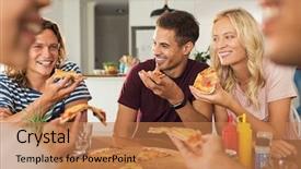  Presentation with dinner party - Audience pleasing PPT theme consisting of guys and girls having party backdrop and a coral colored foreground