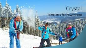  Presentation with snowball - Slide set consisting of guys having snowball fight with girl in snow in winter background background and a light blue colored foreground