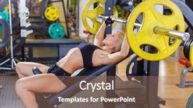  Presentation with sports bar - Slide set consisting of sports young woman doing exercises with barbell on bench in the gym bar bench press background and a coral colored foreground