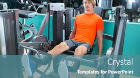  Presentation with gym - Amazing PPT layouts having gym-blond-man-leg-extension backdrop and a teal colored foreground