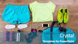  Presentation with woman sport - Cool new PPT theme with gym clothes - sport equipment for woman backdrop and a teal colored foreground