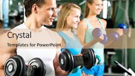  Presentation with asian exercise trainer - Slide set consisting of gym exercising with dumbbell background and a coral colored foreground