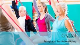  Presentation with stretch - Beautiful slides featuring physiotherapy exercise - senior people at fitness course backdrop and a cyan colored foreground