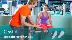  Presentation with exercise trainer - Amazing theme having gym leg extension exercise workout woman with blond personal trainer man backdrop and a ocean colored foreground