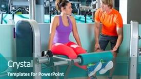  Presentation with exercise trainer - Theme with gym leg extension exercise workout woman with blond personal trainer man background and a ocean colored foreground