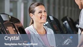  Presentation with treadmill - PPT layouts enhanced with gym machine - happy female instructor looking background and a  colored foreground