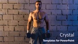  Presentation with skeletal muscle - PPT theme having gym man holding hex dumbbells with muscle torso background and a navy blue colored foreground