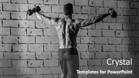  Presentation with weightlifting - Cool new presentation theme with gym man rising hex dumbbells weightlifting rear view backdrop and a dark gray colored foreground