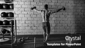  Presentation with weightlifting - Presentation theme with gym man rising hex dumbbells weightlifting rear view background and a dark gray colored foreground