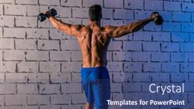  Presentation with weightlifting - Cool new presentation with gym man rising hex dumbbells weightlifting rear view backdrop and a ocean colored foreground