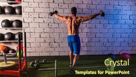  Presentation with weightlifting - Amazing slide deck having gym man rising hex dumbbells weightlifting rear view backdrop and a wine colored foreground