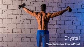  Presentation with weightlifting - PPT layouts enhanced with gym man rising hex dumbbells weightlifting rear view background and a ocean colored foreground