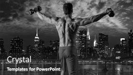  Presentation with new york night - Slides consisting of gym man rising hex dumbbells in new york city skyline at night rear view photo mount background and a dark gray colored foreground