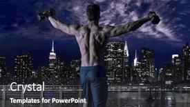  Presentation with new york night - Beautiful presentation theme featuring gym man rising hex dumbbells in new york city skyline at night rear view photo mount backdrop and a dark gray colored foreground