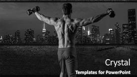  Presentation with new york night - Presentation having gym man rising hex dumbbells in new york city skyline at night rear view photo mount background and a dark gray colored foreground
