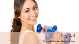  Presentation with fitness - Slide deck enhanced with gym model - pretty fitness woman with dumbbells background and a  colored foreground