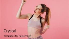  Presentation with closed - Colorful PPT layouts enhanced with gym opening - image of joyful sportswoman rejoices backdrop and a coral colored foreground