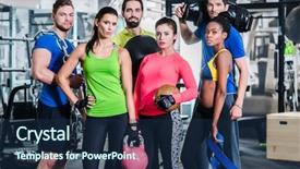  Presentation with group training - PPT theme having gym posing at fitness training background and a navy blue colored foreground