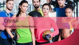  Presentation with employment law men women - Slide deck enhanced with gym posing at fitness training background and a coral colored foreground