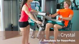  Presentation with exercise trainer - Theme having gym seated leg curl machine exercise blond man and personal trainer woman background and a coral colored foreground