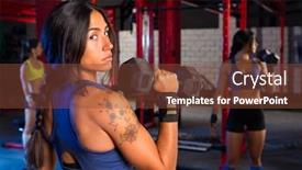  Presentation with barbell - Presentation theme featuring gym women with hex barbell workout exercise background and a tawny brown colored foreground