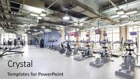  Presentation with gym - Cool new slide deck with gymnasium - all kinds of gymnastic equipments backdrop and a light gray colored foreground