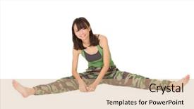  Presentation with stretch - PPT theme featuring gymnast china - smiling gym woman doing stretch background and a coral colored foreground