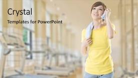  Presentation with rest - Slide set enhanced with gymnast china - smiling sporty woman take background and a soft green colored foreground