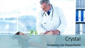  Presentation with metabolic doctor examining - Slide set consisting of gynaecologist - cheerful male doctor examining pregnant background and a light blue colored foreground