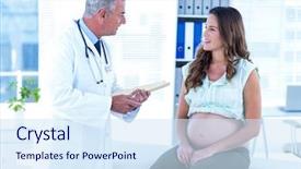  Presentation with hospital bed - Slides featuring gynaecologist - male doctor talking to pregnant background and a sky blue colored foreground