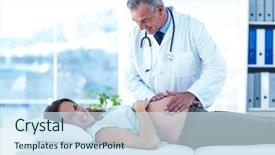  Presentation with pregnant woman in hospital - Slide set enhanced with gynaecologist - portrait of cheerful pregnant woman background and a sky blue colored foreground