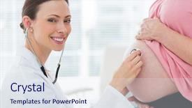  Presentation with portrait of excited overjoyed female - Beautiful slide set featuring gynaecologist - portrait of female doctor checking backdrop and a sky blue colored foreground