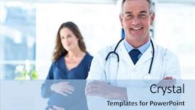  Presentation with pregnant woman doctor - Colorful presentation theme enhanced with gynaecologist - portrait of smiling male doctor backdrop and a light blue colored foreground