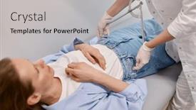  Presentation with gynecologist - PPT layouts having gynecologist-doctor-measuring-female-patient background and a light gray colored foreground