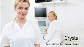  Presentation with ultrasound machine - PPT layouts having gynecologist with colleague using ultrasound background and a sky blue colored foreground