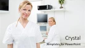  Presentation with ultrasound machine - Presentation consisting of gynecologist with colleague using ultrasound background and a light gray colored foreground