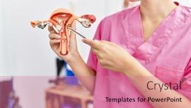  Presentation with gynecologist - Slide deck with gynecologist-woman-holding-fallopian-tube background and a coral colored foreground