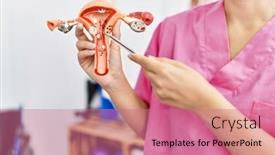  Presentation with gynecologist - PPT theme having gynecologist-woman-holding-fallopian-tube background and a coral colored foreground