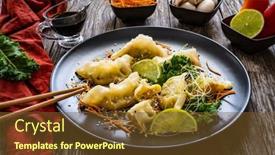  Presentation with soy sauce - PPT theme consisting of gyoza-traditional-japanese-delicious-dumplings background and a tawny brown colored foreground