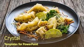  Presentation with soy sauce - PPT layouts enhanced with gyoza-traditional-japanese-delicious-dumplings background and a tawny brown colored foreground