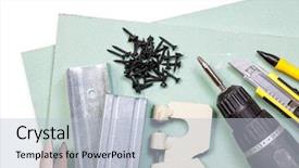  Presentation with set of construction tools tool - Slide deck featuring gypsum - plasterboard tools set with screws background and a light blue colored foreground