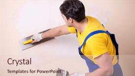  Presentation with employee stock options - Beautiful slide deck featuring gypsum - young contractor employee applying plaster backdrop and a lemonade colored foreground