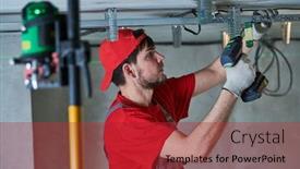  Presentation with construction work - Colorful slides enhanced with gypsum-plasterboard-work-drywall-construction backdrop and a red colored foreground