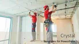  Presentation with construction work - Cool new PPT theme with gypsum-plasterboard-work-drywall-construction backdrop and a soft green colored foreground